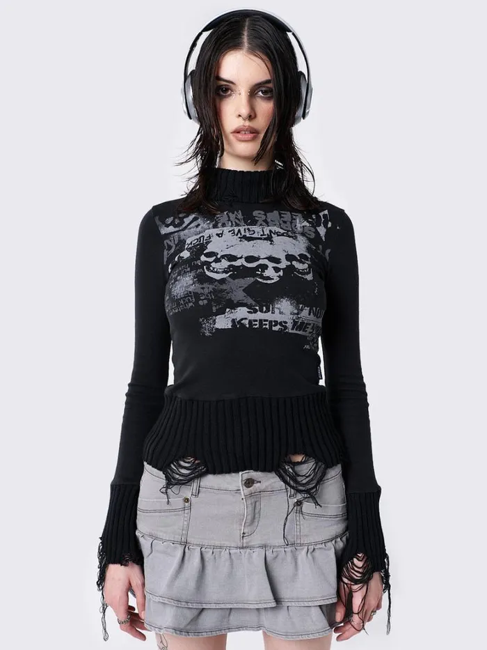 Clothing Minga London Long Sleeve Tops Unapolagetic Distressed High Neck Top