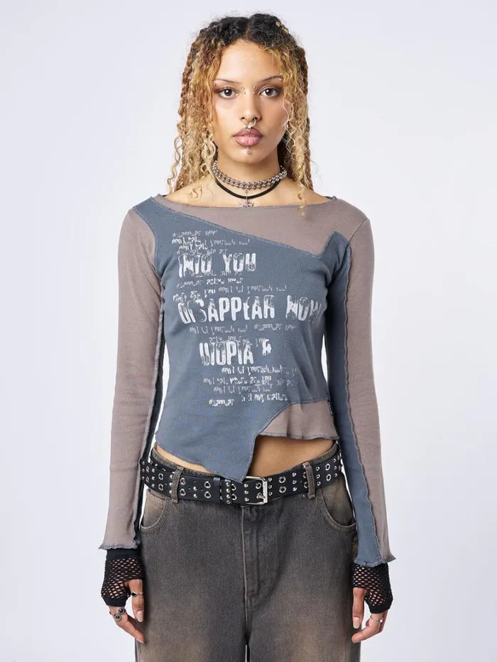 Clothing Minga London Long Sleeve Tops Utopia Brown Grey Graphic Asymmetrical Top