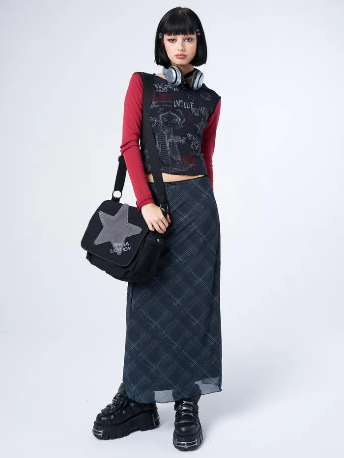 Clothing Minga London Skirts Erika Black Checked Mesh Maxi Skirt