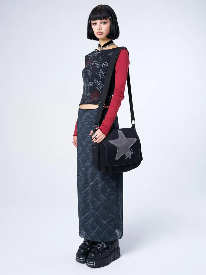 Clothing Minga London Skirts Erika Black Checked Mesh Maxi Skirt