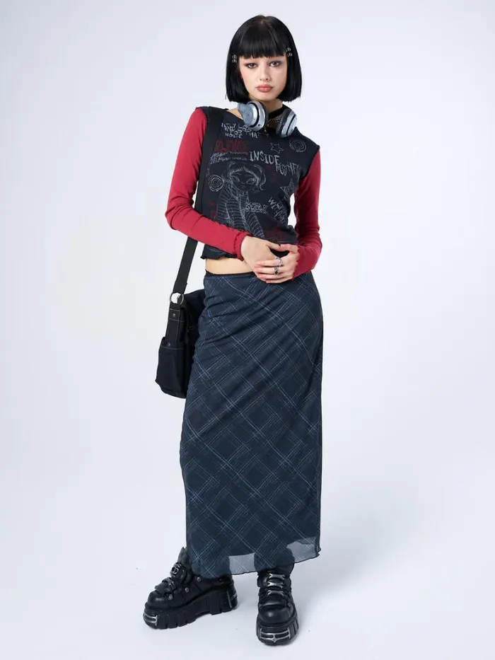 Clothing Minga London Skirts Erika Black Checked Mesh Maxi Skirt