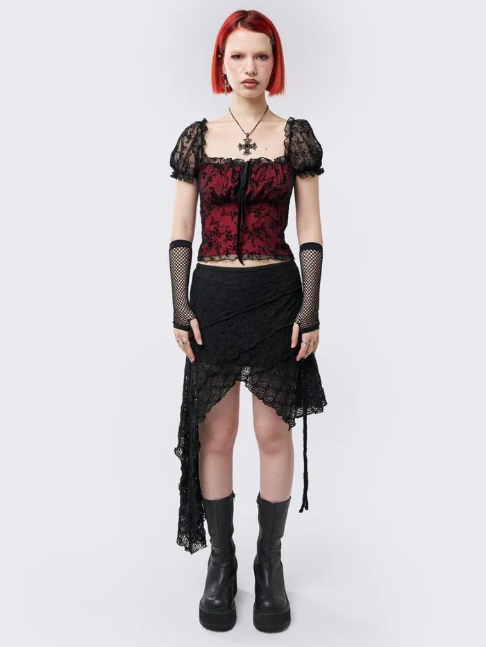 Clothing Minga London Skirts Honora Lace Ruffled Asymmetrical Skirt