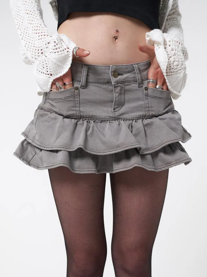 Clothing Minga London Skirts Kat Washed Grey Denim Y2k Mini Skirt
