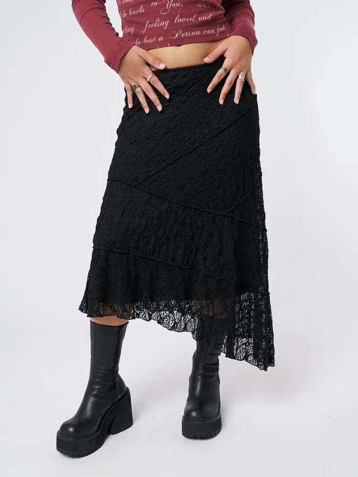 Clothing Minga London Skirts Nolia Black Lace Asymmetric Midi Skirt