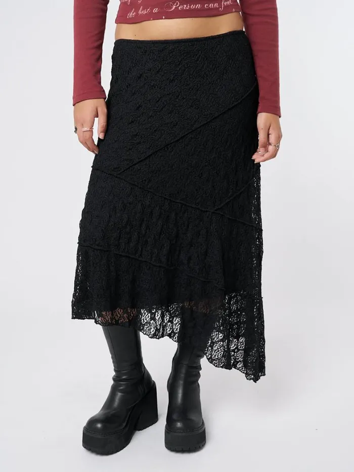 Clothing Minga London Skirts Nolia Black Lace Asymmetric Midi Skirt