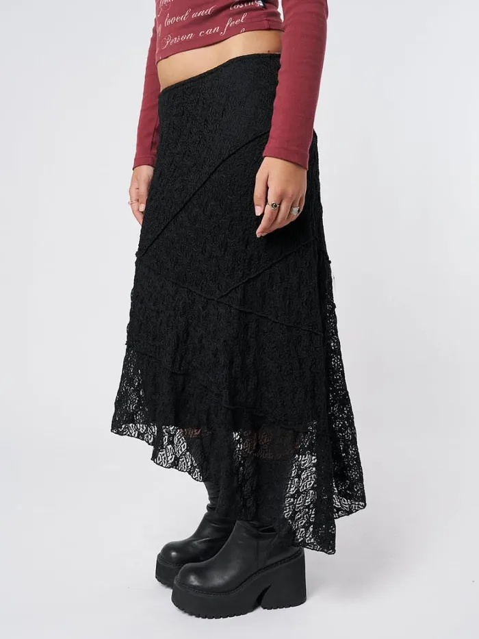 Clothing Minga London Skirts Nolia Black Lace Asymmetric Midi Skirt