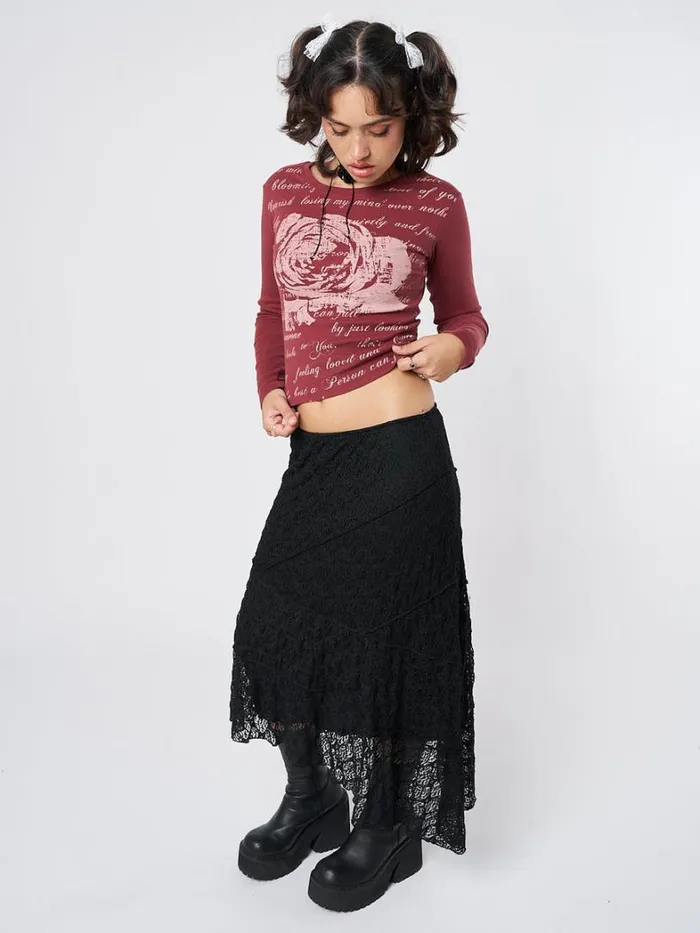 Clothing Minga London Skirts Nolia Black Lace Asymmetric Midi Skirt