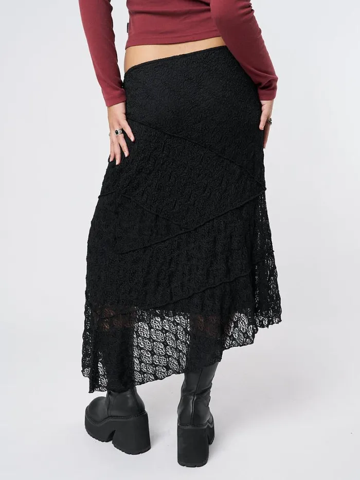 Clothing Minga London Skirts Nolia Black Lace Asymmetric Midi Skirt