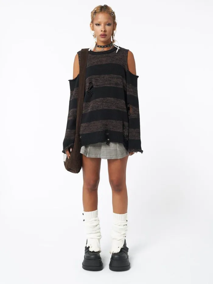Clothing Minga London Sweaters Curtis Brown Black Striped Knit Jumper