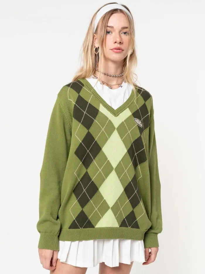 Clothing Minga London Sweaters Green Shades Argyle Knitted Jumper