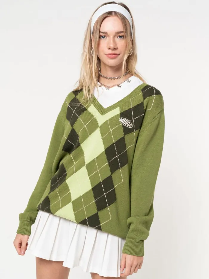 Clothing Minga London Sweaters Green Shades Argyle Knitted Jumper