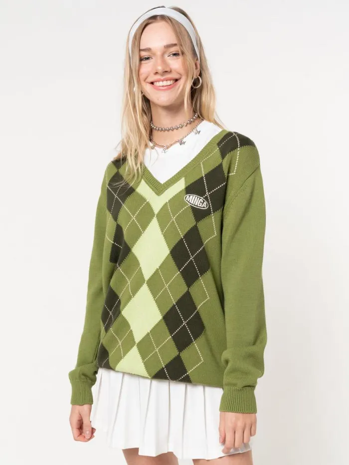 Clothing Minga London Sweaters Green Shades Argyle Knitted Jumper