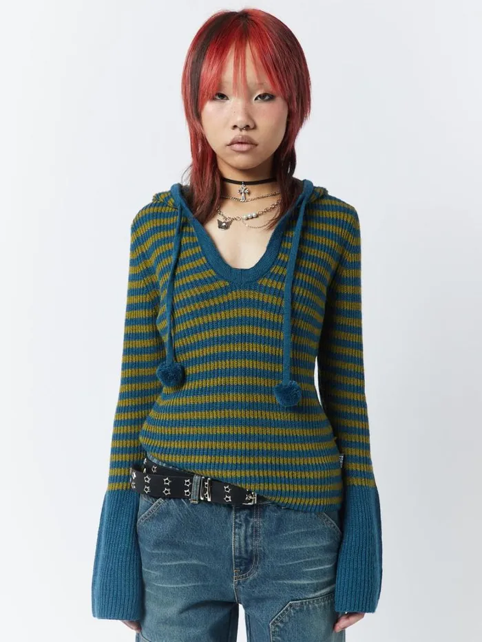 Clothing Minga London Sweaters Regina Green and Blue Knitted Hoodie