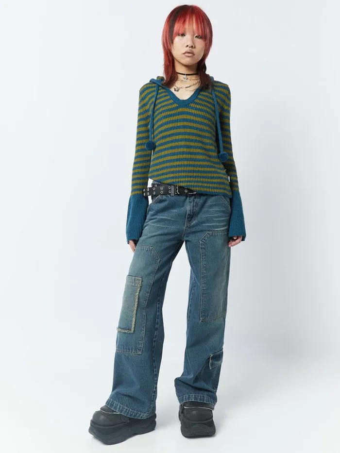 Clothing Minga London Sweaters Regina Green and Blue Knitted Hoodie