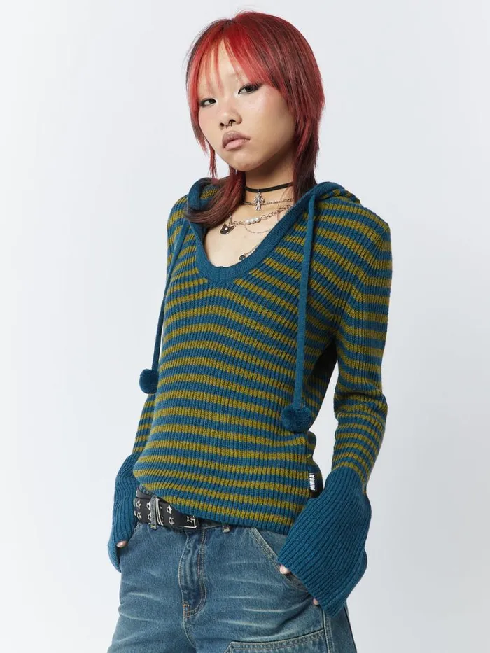 Clothing Minga London Sweaters Regina Green and Blue Knitted Hoodie