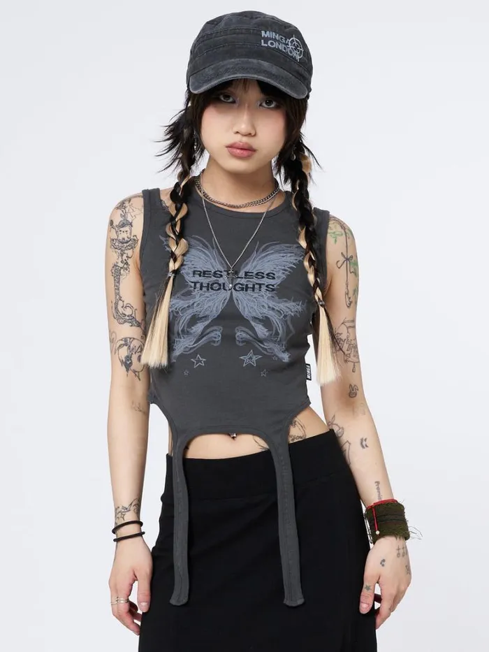 Clothing Minga London Tank Tops Restless Thoughts Grey Straps Top