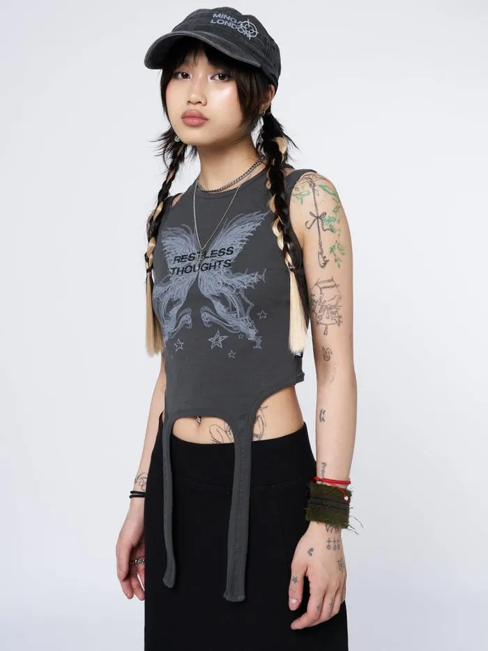 Clothing Minga London Tank Tops Restless Thoughts Grey Straps Top