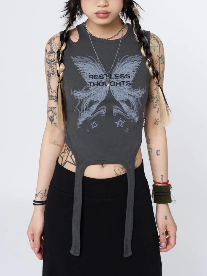 Clothing Minga London Tank Tops Restless Thoughts Grey Straps Top