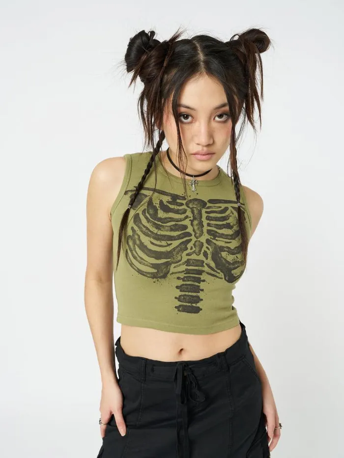 Clothing Minga London Tank Tops Skeleton Green Graphic Print Vest Top