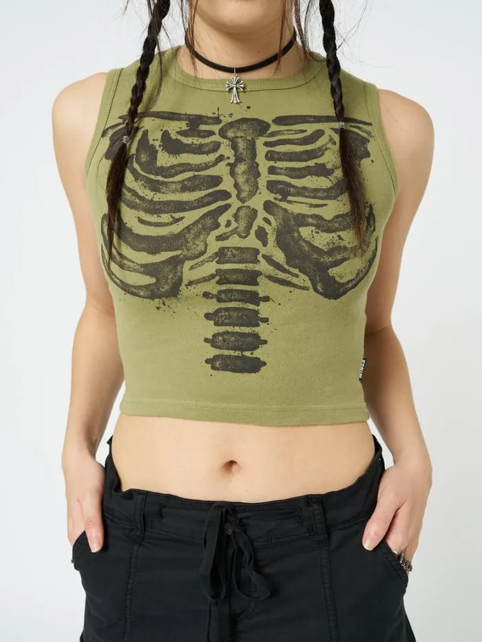 Clothing Minga London Tank Tops Skeleton Green Graphic Print Vest Top