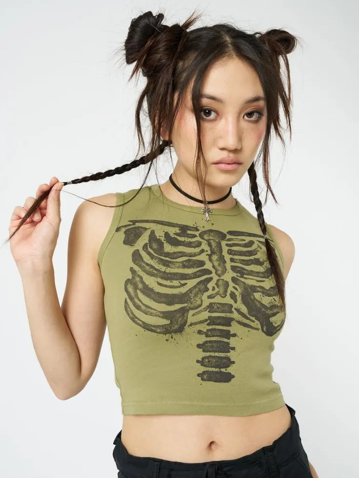 Clothing Minga London Tank Tops Skeleton Green Graphic Print Vest Top