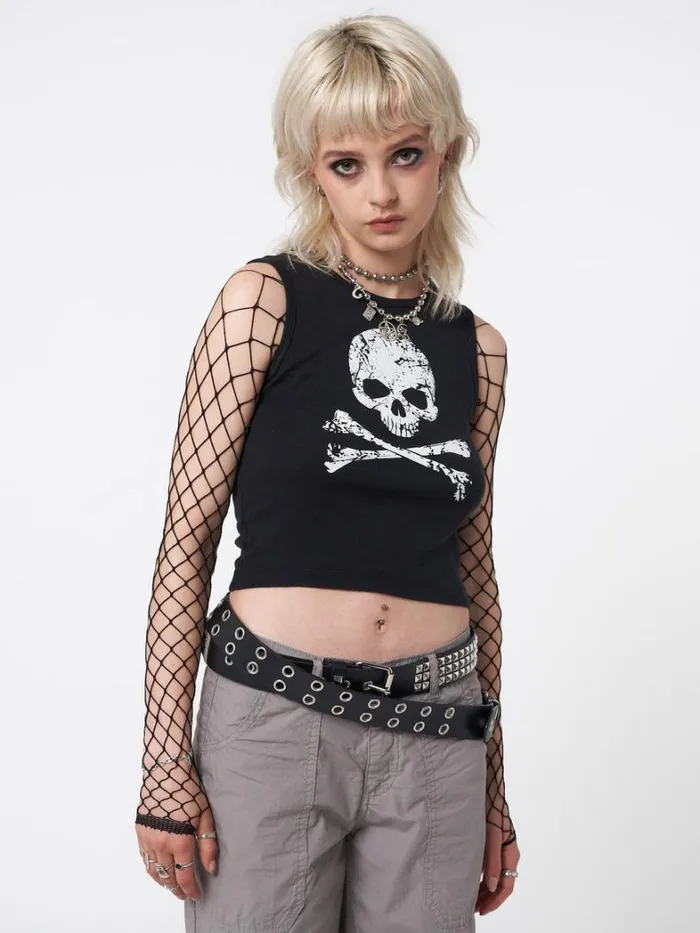 Clothing Minga London Tank Tops Skull Crossbones Black Vest Top