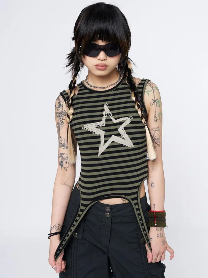 Clothing Minga London Tank Tops Star Sketch Green Striped Straps Top