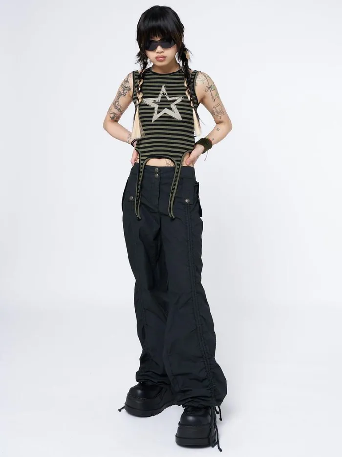 Clothing Minga London Tank Tops Star Sketch Green Striped Straps Top