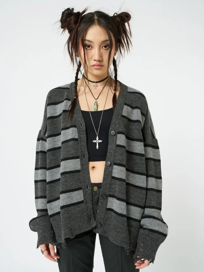 Clothing Neesa Grey and Black Stripe Knit Cardigan Minga London Jackets