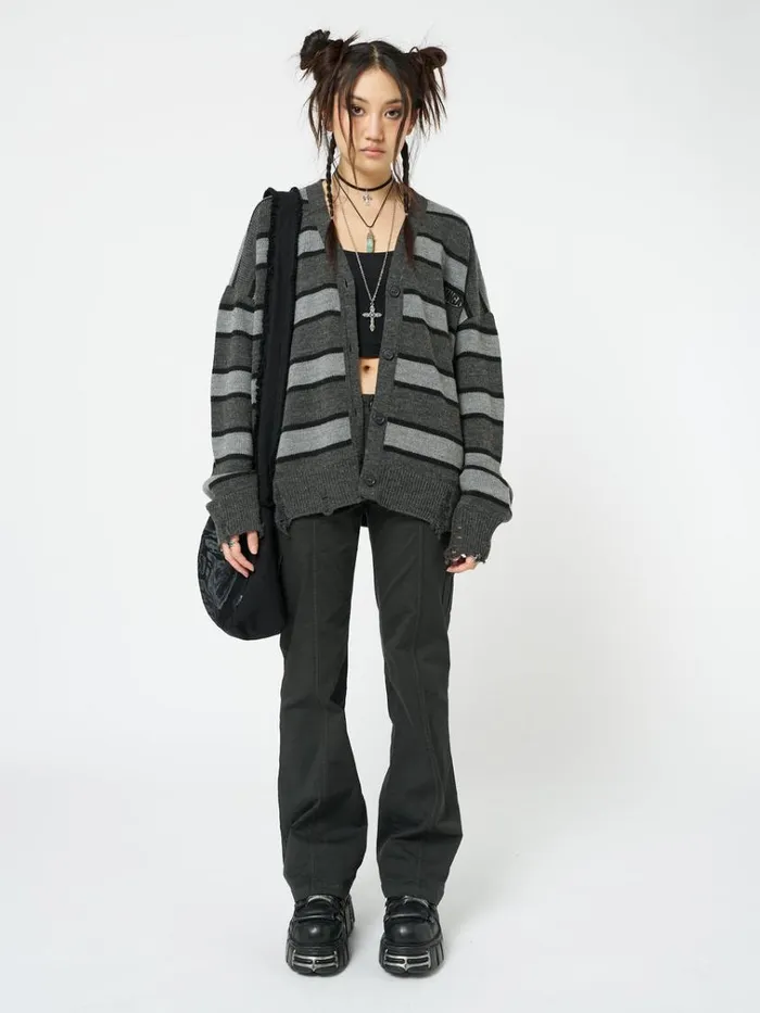Clothing Neesa Grey and Black Stripe Knit Cardigan Minga London Jackets