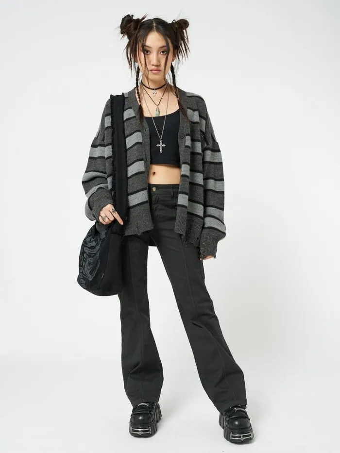 Clothing Neesa Grey and Black Stripe Knit Cardigan Minga London Jackets