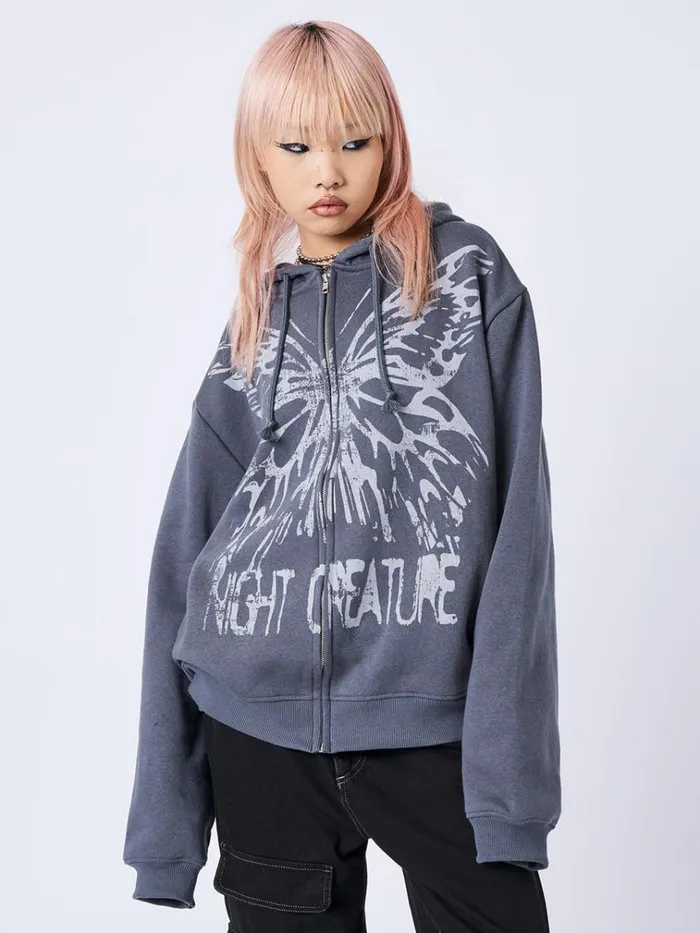 Clothing Night Creature Grey Oversized Zip Up Hoodie Minga London Jackets