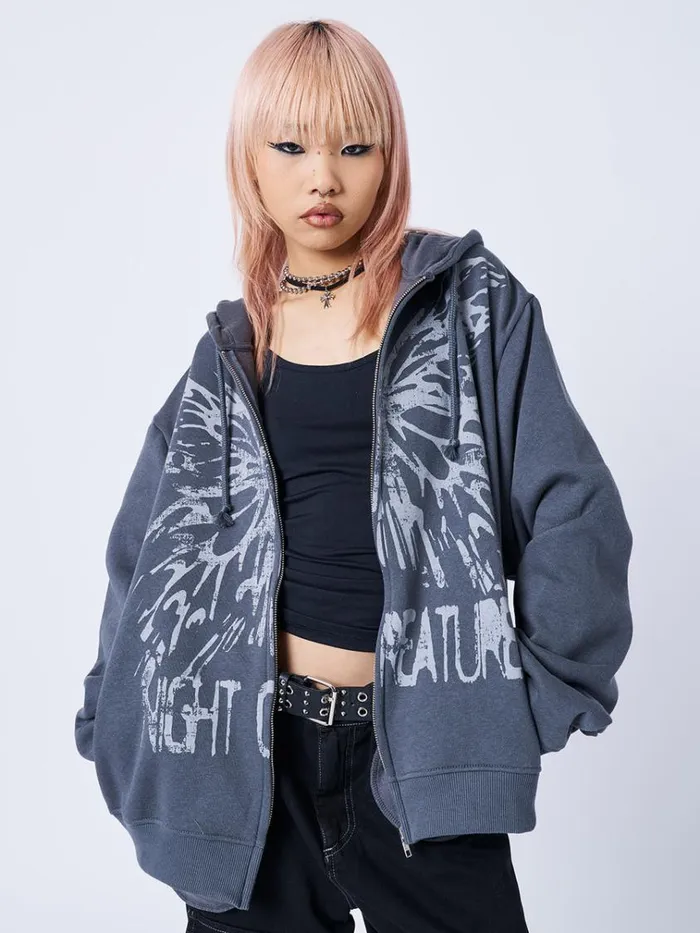 Clothing Night Creature Grey Oversized Zip Up Hoodie Minga London Jackets