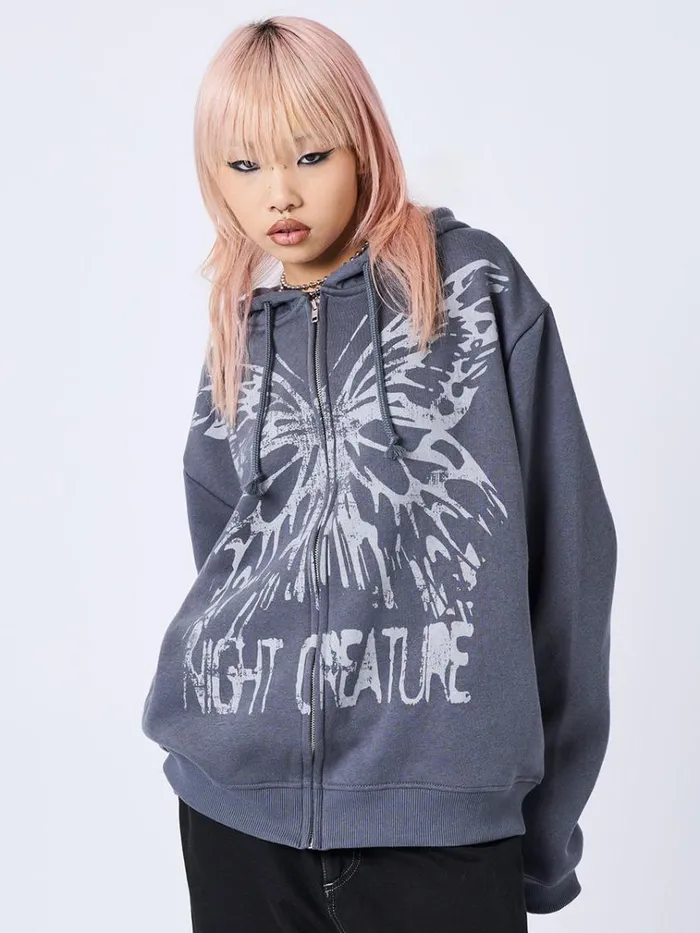 Clothing Night Creature Grey Oversized Zip Up Hoodie Minga London Jackets