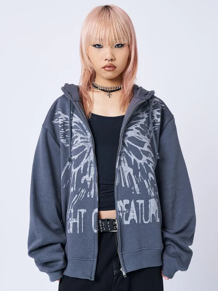 Clothing Night Creature Grey Oversized Zip Up Hoodie Minga London Jackets