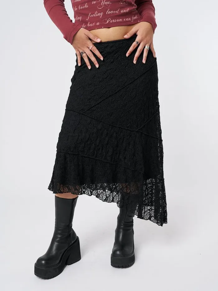 Clothing Nolia Black Lace Asymmetric Midi Skirt Minga London Skirts