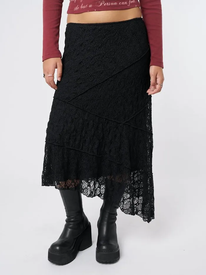 Clothing Nolia Black Lace Asymmetric Midi Skirt Minga London Skirts