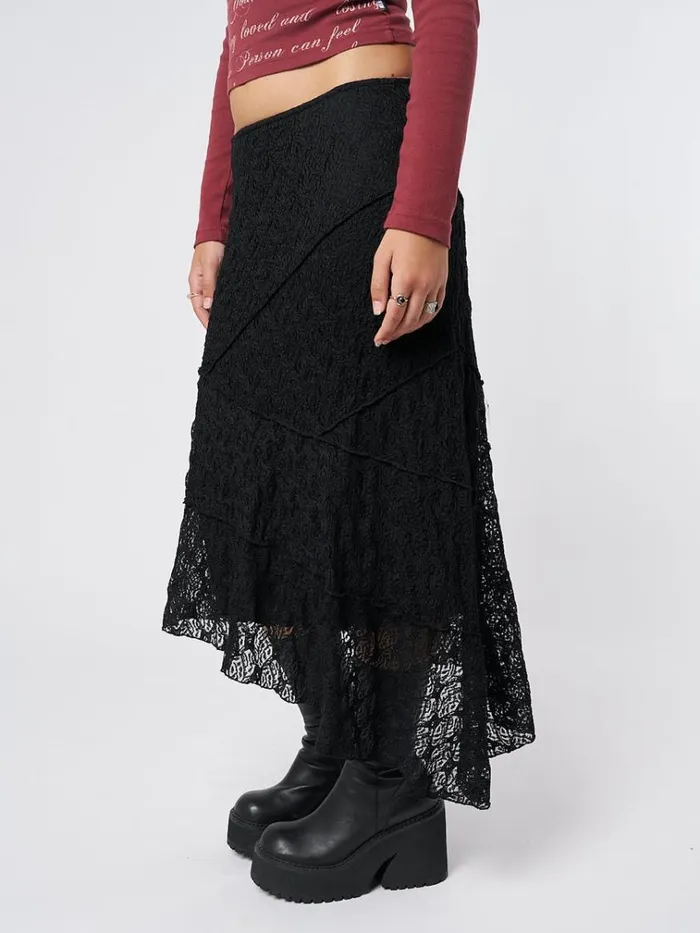 Clothing Nolia Black Lace Asymmetric Midi Skirt Minga London Skirts