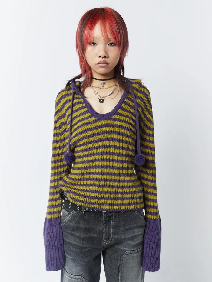 Clothing Paige Yellow and Purple Knitted Hoodie Minga London Sweaters