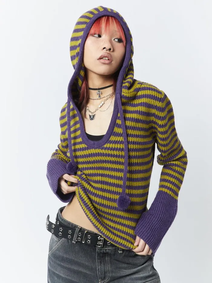 Clothing Paige Yellow and Purple Knitted Hoodie Minga London Sweaters