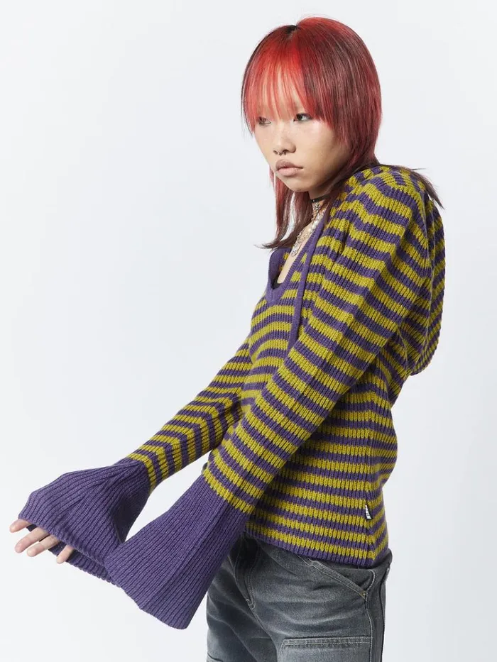 Clothing Paige Yellow and Purple Knitted Hoodie Minga London Sweaters