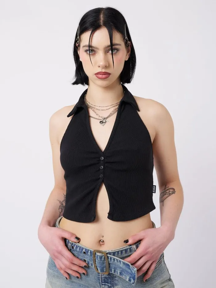 Clothing Raya Black Halter Neck Collar Top Minga London Crop Tops