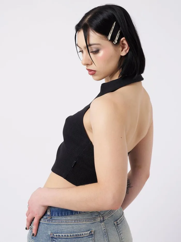 Clothing Raya Black Halter Neck Collar Top Minga London Crop Tops