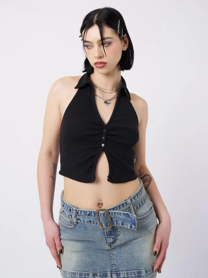 Clothing Raya Black Halter Neck Collar Top Minga London Crop Tops