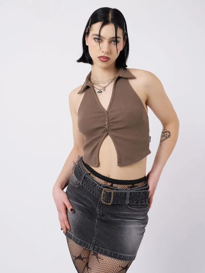 Clothing Raya Taupe Halter Neck Collar Top Minga London Crop Tops