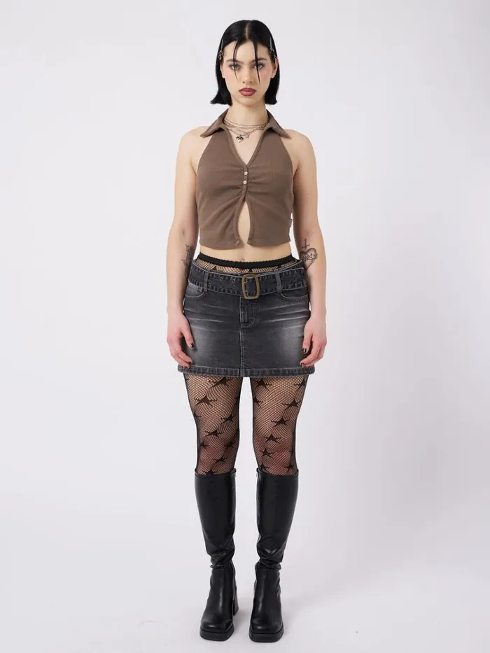 Clothing Raya Taupe Halter Neck Collar Top Minga London Crop Tops