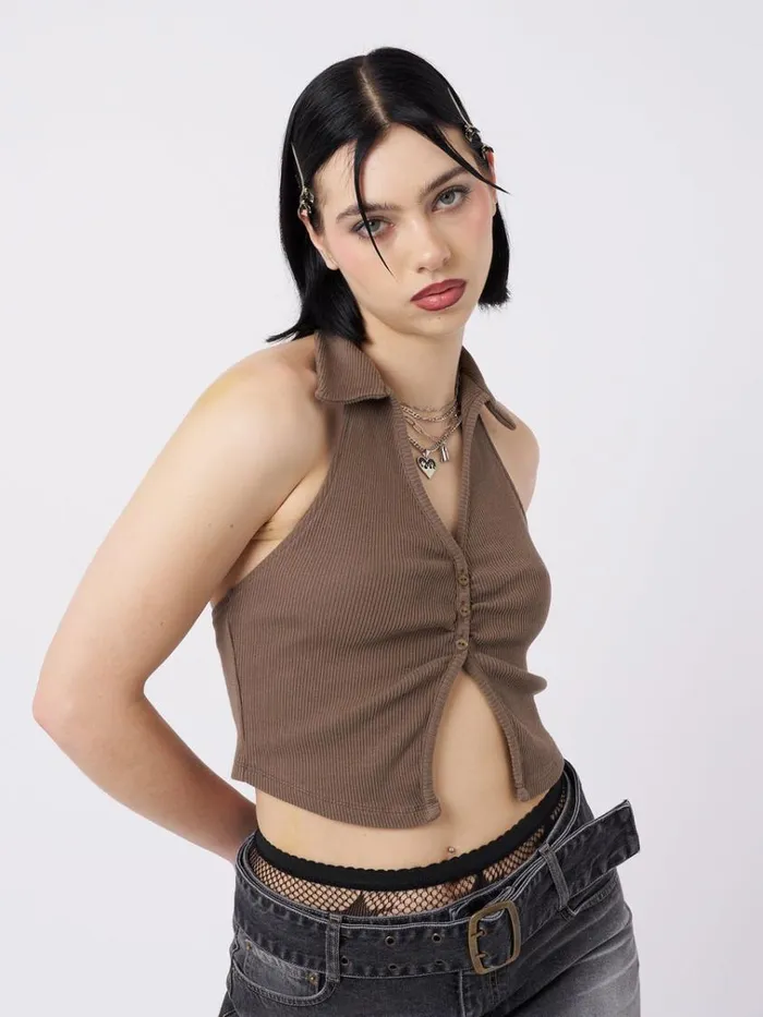 Clothing Raya Taupe Halter Neck Collar Top Minga London Crop Tops