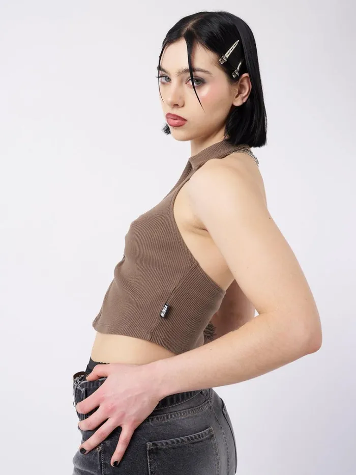 Clothing Raya Taupe Halter Neck Collar Top Minga London Crop Tops