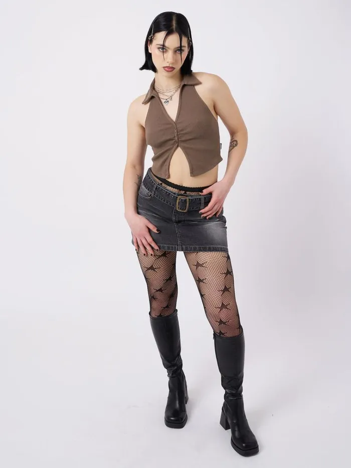 Clothing Raya Taupe Halter Neck Collar Top Minga London Crop Tops