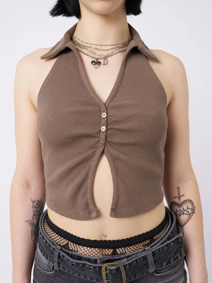 Clothing Raya Taupe Halter Neck Collar Top Minga London Crop Tops